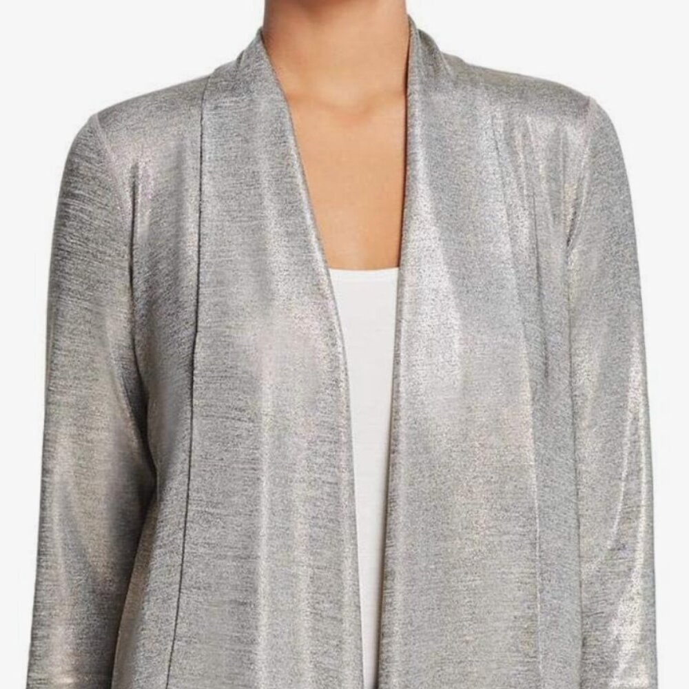 Three Dots Foil Printed Silver Open Front Shawl Collar Cardigan (Size L) - Picture 11 of 14